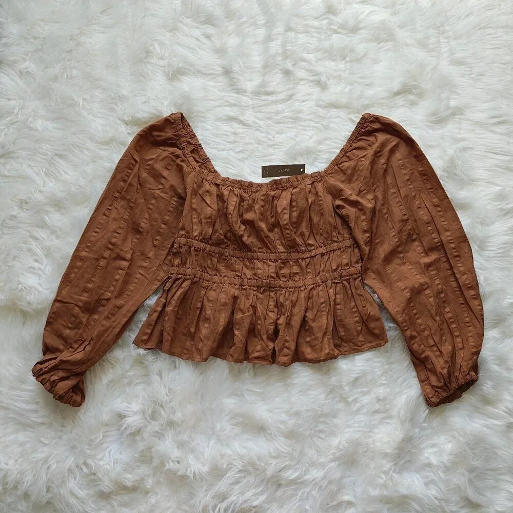J.Crew Rust Smocked Peasant Blouse with Puff Sleeves & Ruffle Hem, SIZE Medium